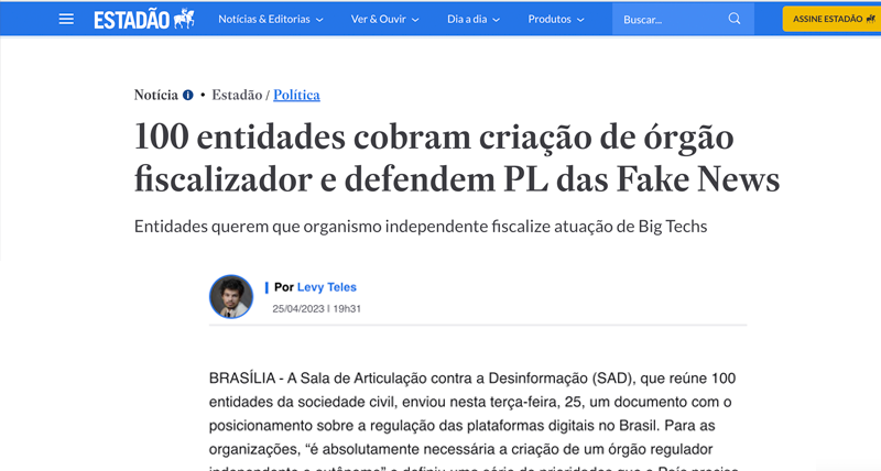 Print de matéria publicada no site do jornal Estadão