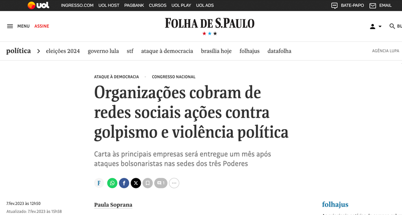 Print de matéria publicada no jornal Folha de S.Paulo