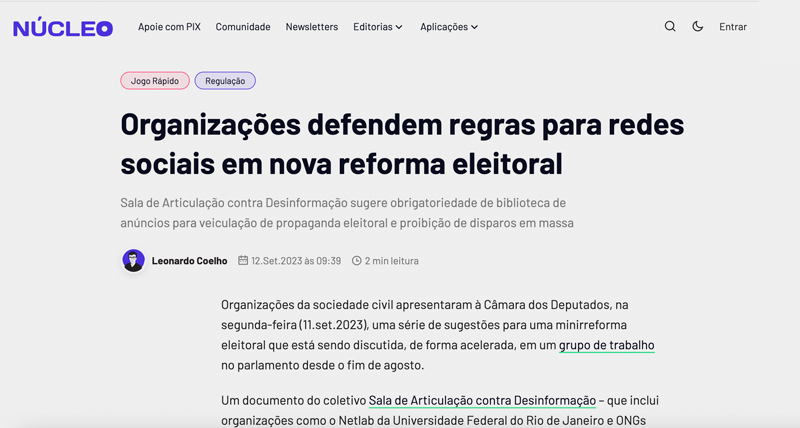 Print de matéria publicada no site Núcleo Jornalismo