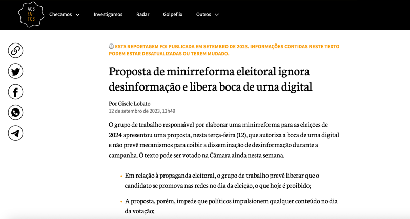 Print de matéria publicada no site Aos fatos